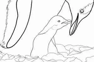 Coloring book page of a penguin and chick.